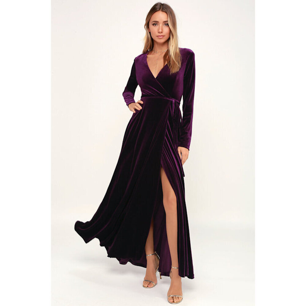 Lulus Jacinda Plum Purple Velvet Wrap Maxi Dress - Size M